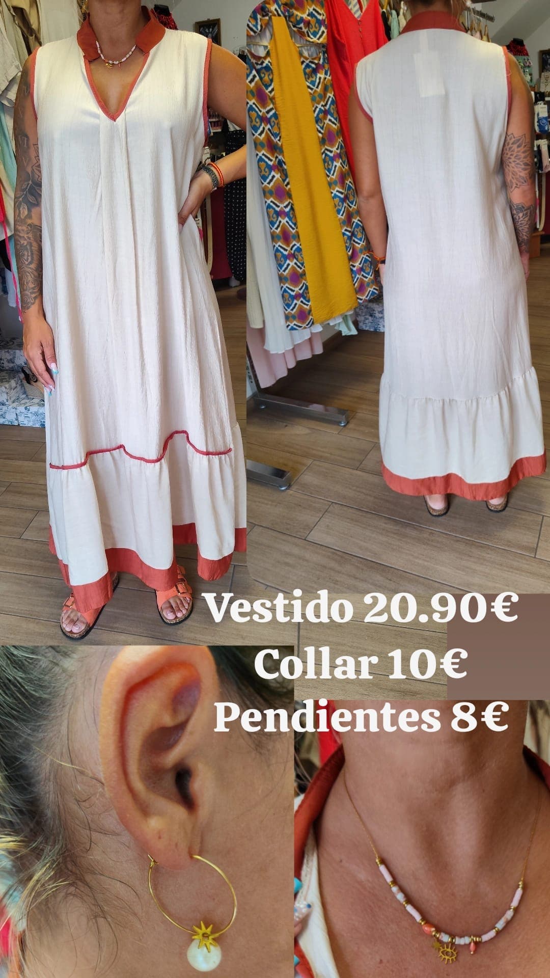 Vestido crema ribete terracota